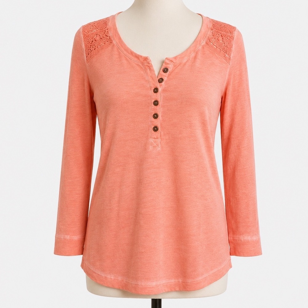 Lauren Ralph Lauren Shirt Women Coral Button Henley Crochet 3/4 Sleeve‎ Top XS